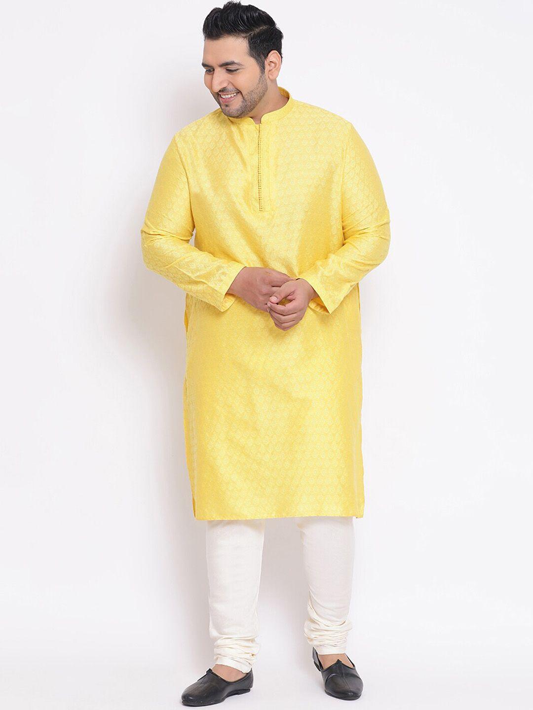 kisah plus men yellow & cream-coloured solid kurta with pyjamas