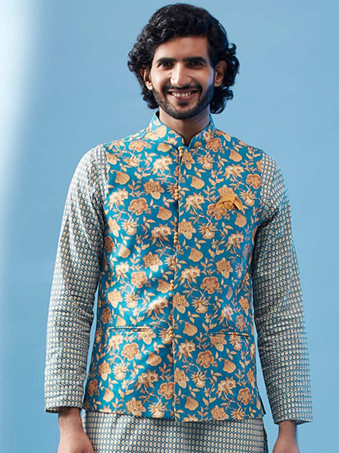 kisah printed pure cotton nehru jacket with pocket square
