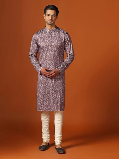 kisah purple & cream regular fit embroidered kurta & churidar set