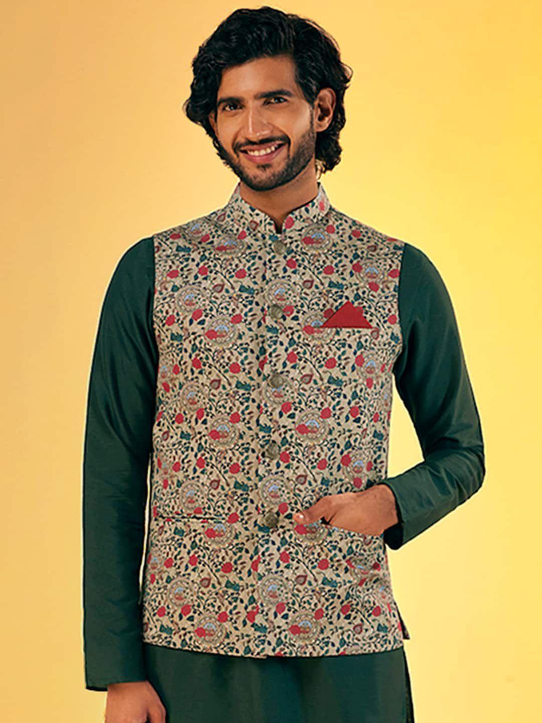 kisah woven printed nehru jacket with pocket square
