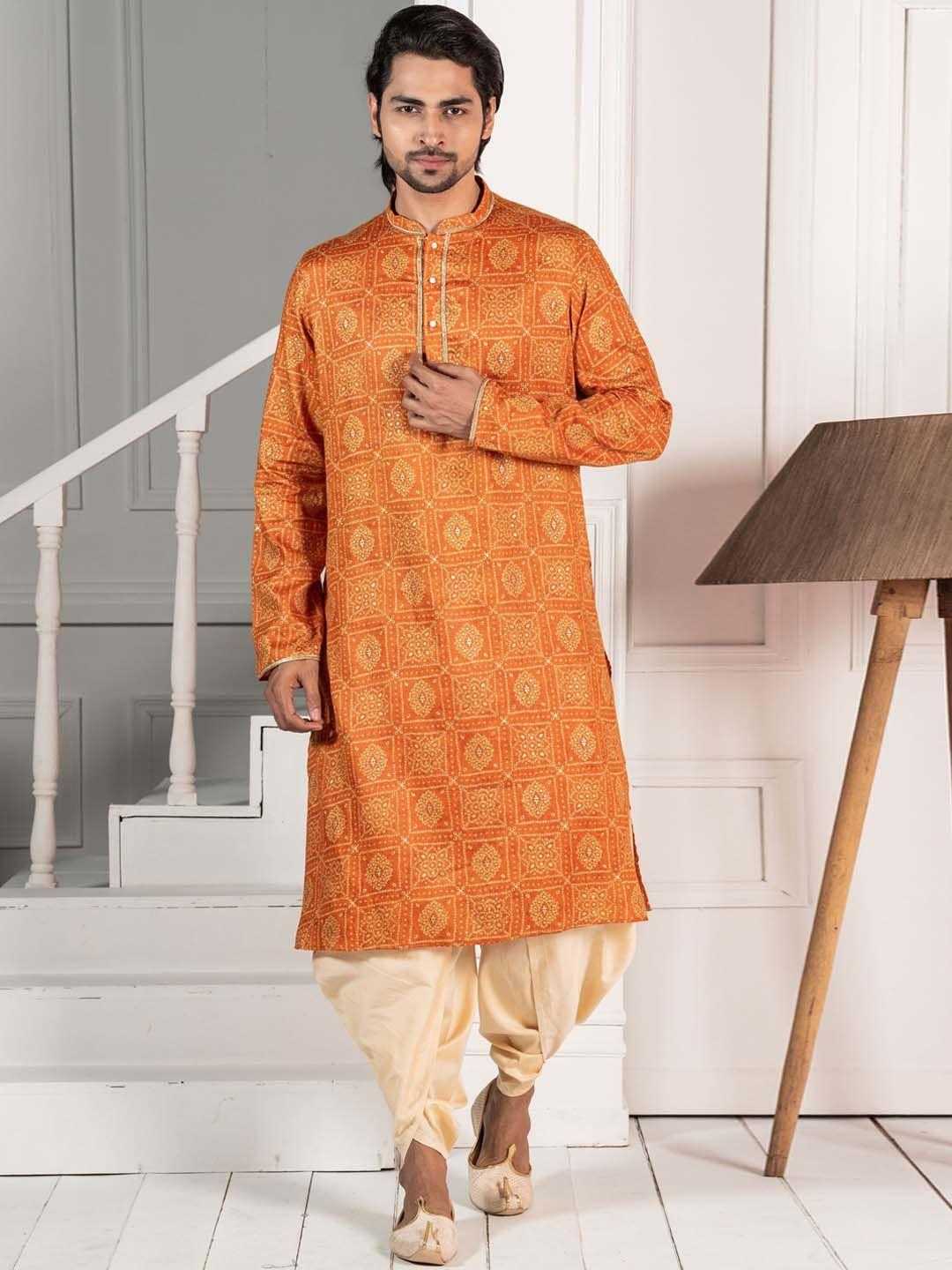 kisah bandhani printed mandarin collar gotta patti kurta with dhoti pants