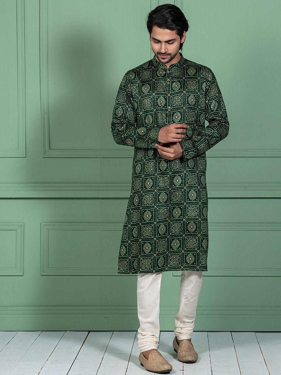 kisah bandhani printed mandarin collar kurta with churidar