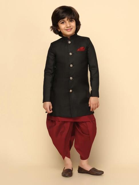 kisah black & maroon solid full sleeves kurta, sherwani with dhoti