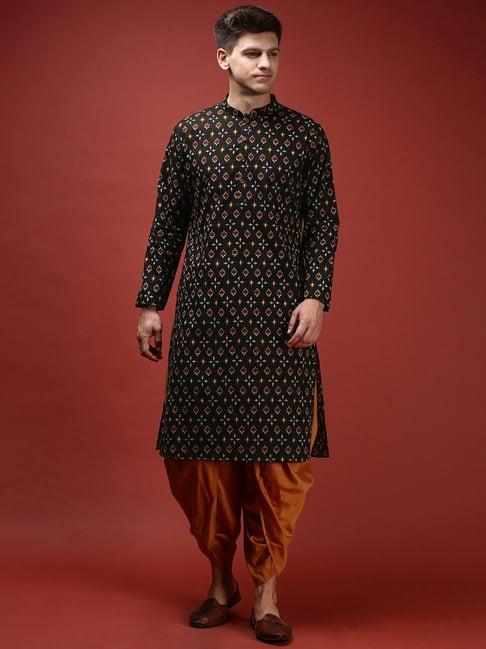 kisah black & rust regular fit printed kurta & dhoti set