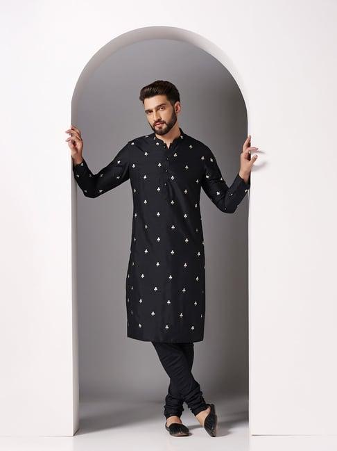 kisah black regular fit embroidered kurta & churidar set