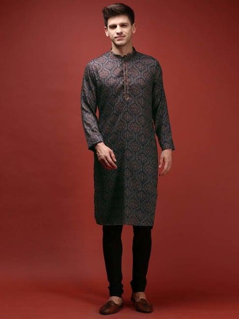 kisah black regular fit printed kurta & churidar set