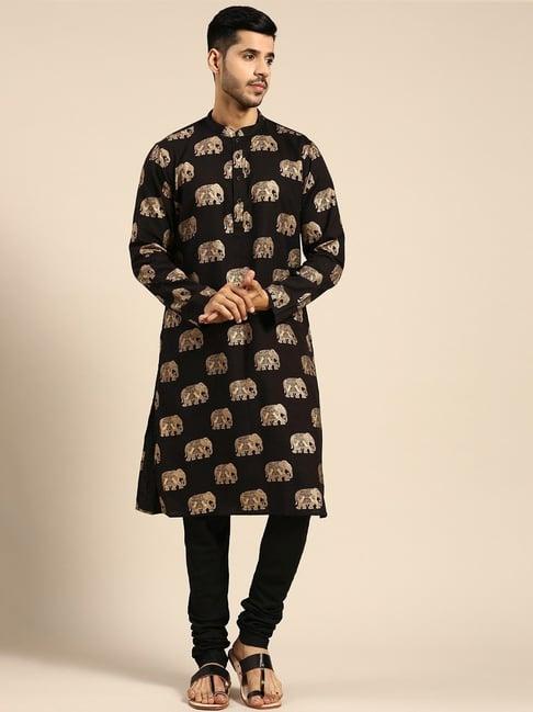 kisah black regular fit printed kurta bottom set