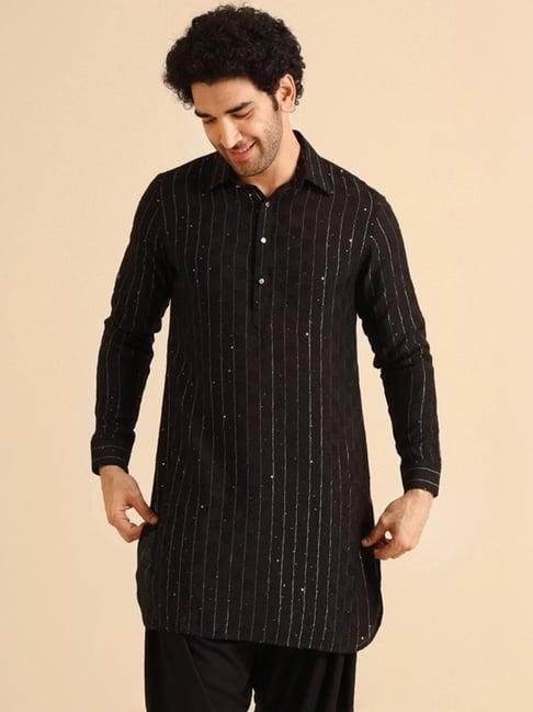 kisah black regular fit striped kurta