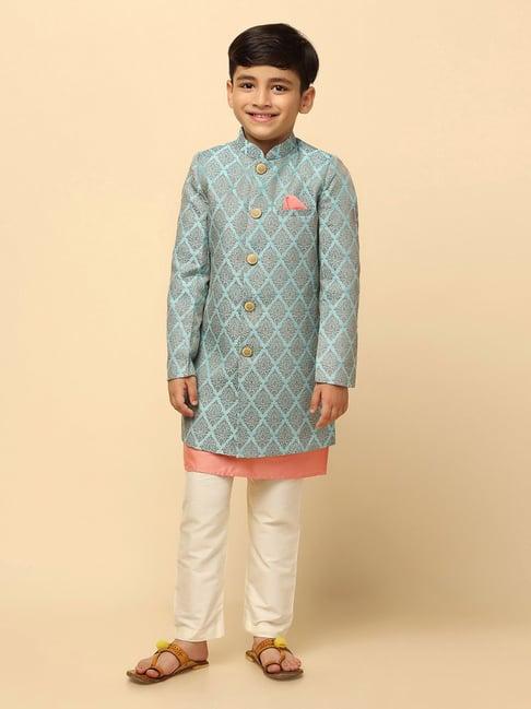 kisah blue & cream printed full sleeves kurta, sherwani with pyjamas