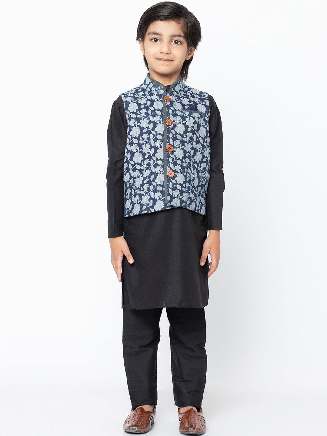kisah boys black & blue solid kurta with pyjamas & nehru jacket