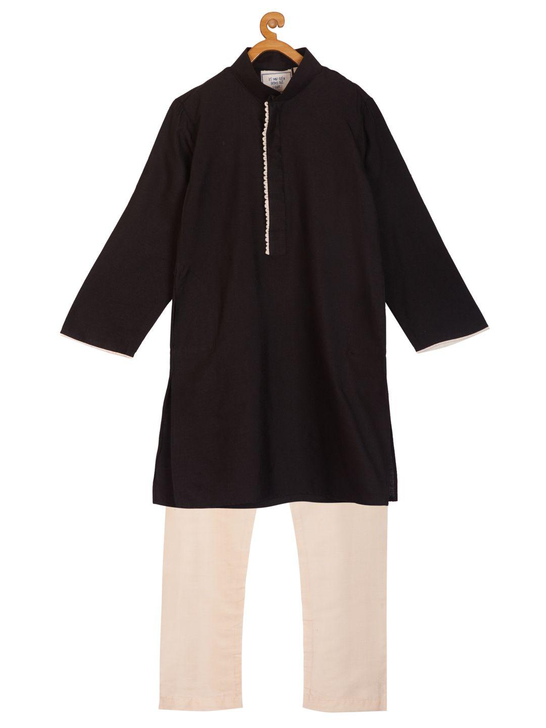 kisah boys black & cream-coloured solid kurta with pyjamas