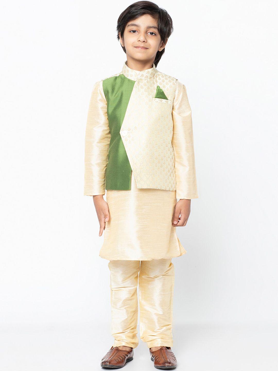 kisah boys cream-coloured & green colourblocked kurta jacket set