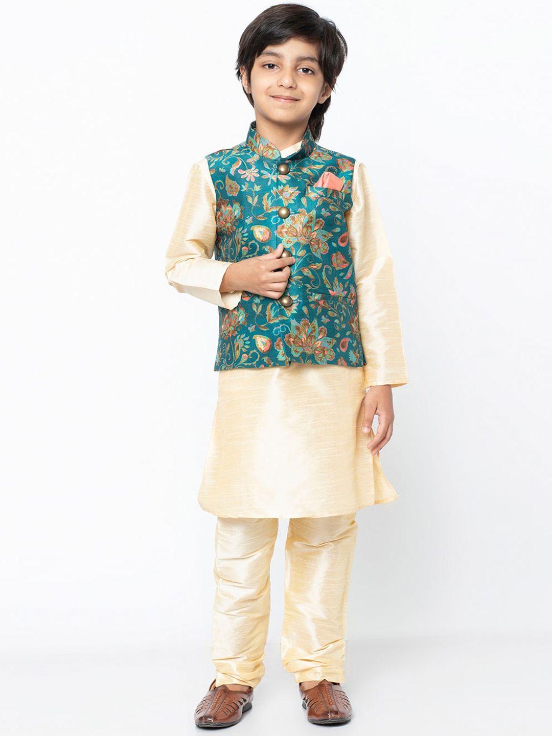 kisah boys cream-coloured & green woven design kurta with churidar