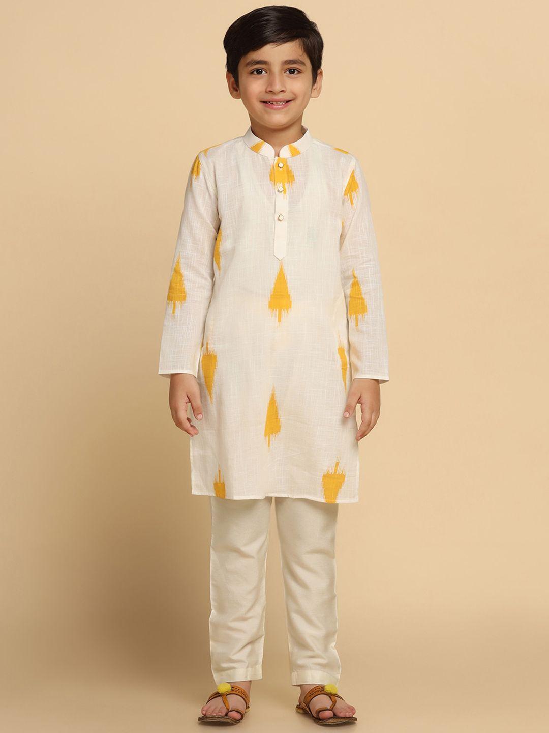 kisah boys ethnic motifs woven design mandarin collar long sleeve kurta with pyjama
