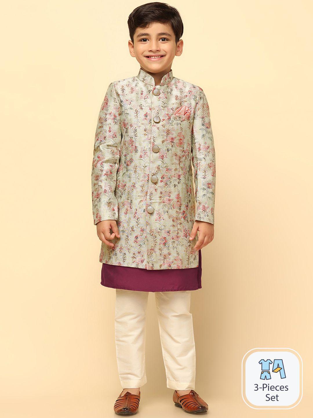 kisah boys floral printed mandarin collar cotton sherwani set