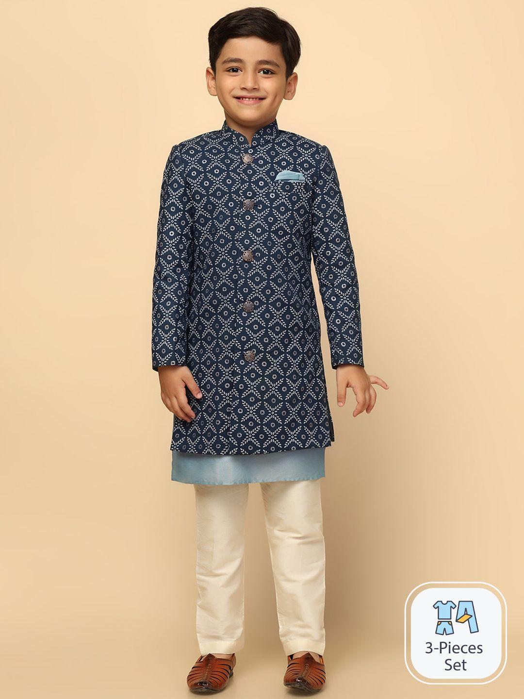 kisah boys floral printed mandarin collar cotton sherwani set