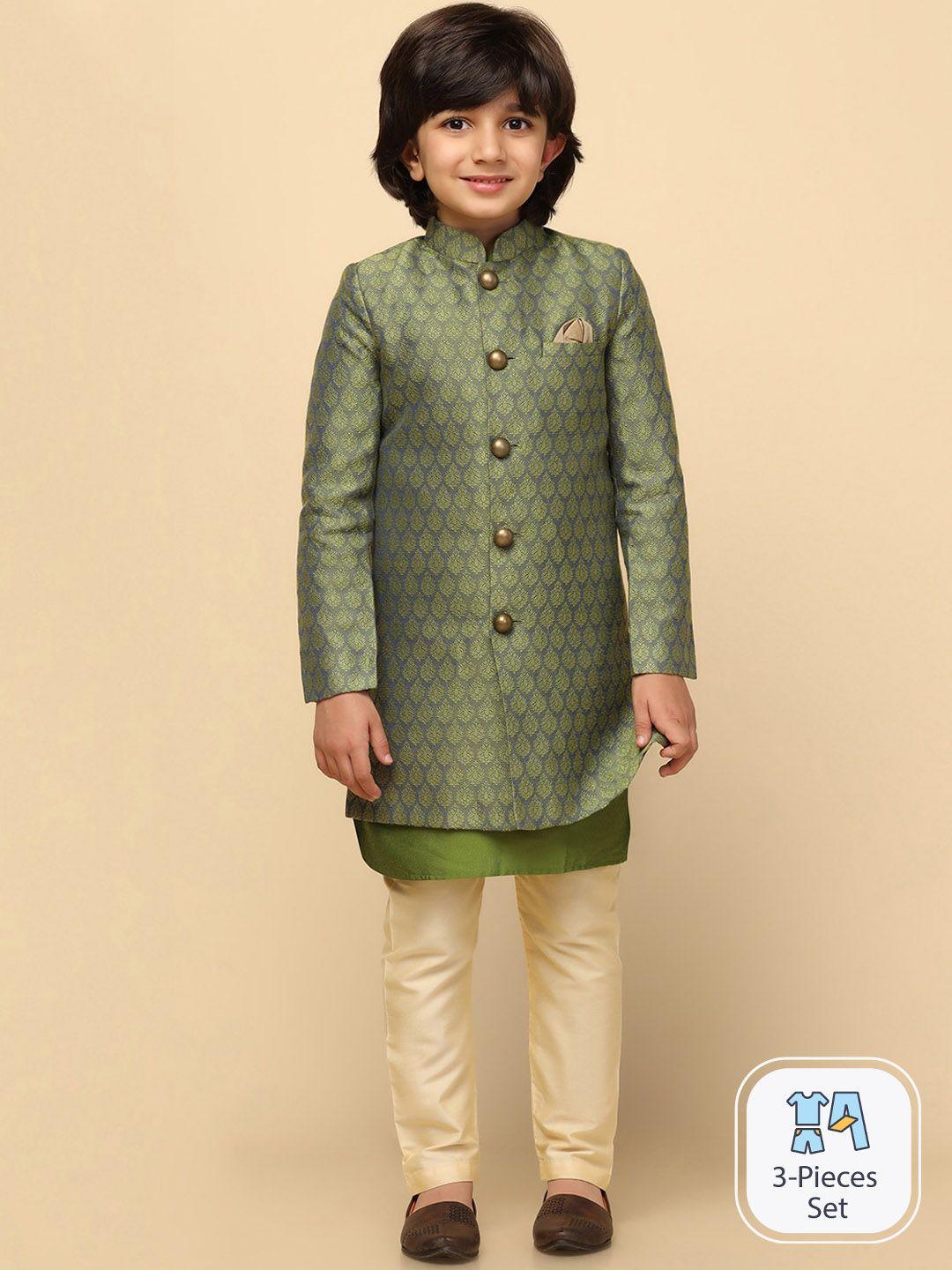 kisah boys floral woven design mandarin collar cotton sherwani set