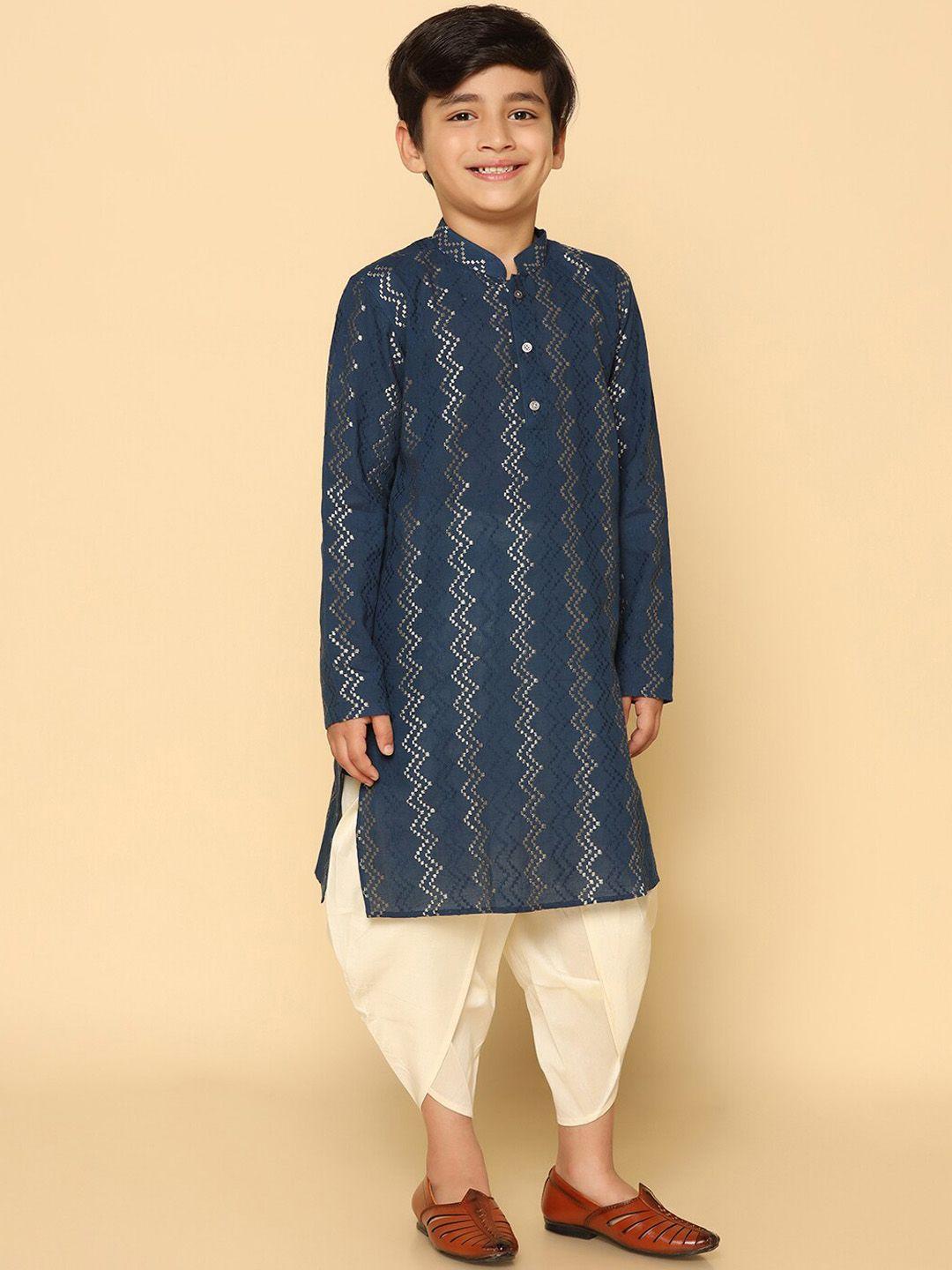 kisah boys geometric embroidered mandarin collar straight kurta with dhoti pants