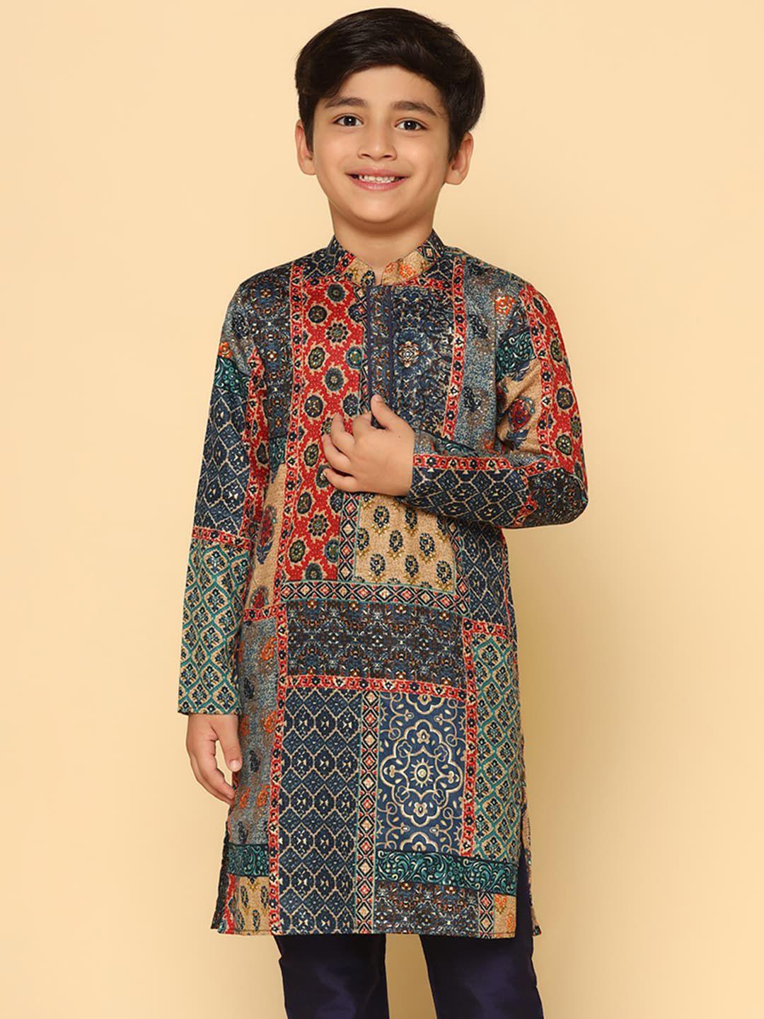 kisah boys geometric printed mandarin collar pure cotton kurta