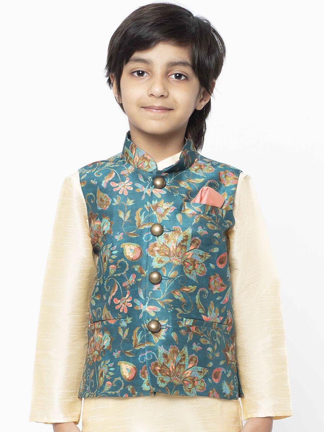 kisah boys green & brown printed woven nehru jacket