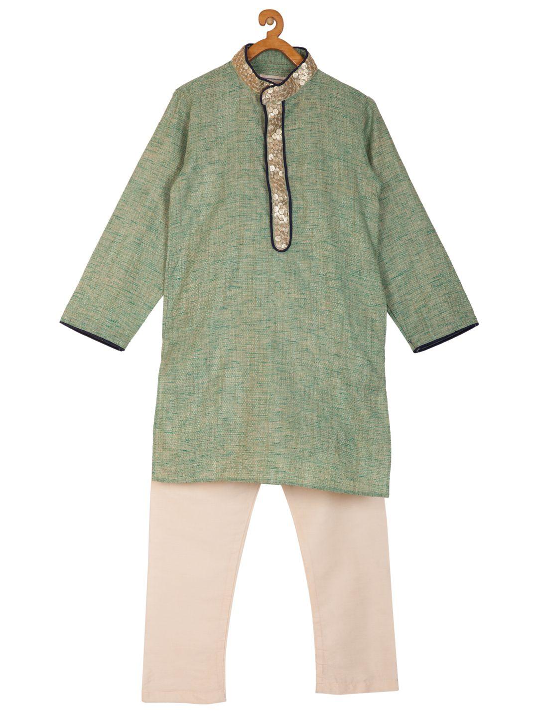 kisah boys green & cream-coloured self design kurta with pyjamas