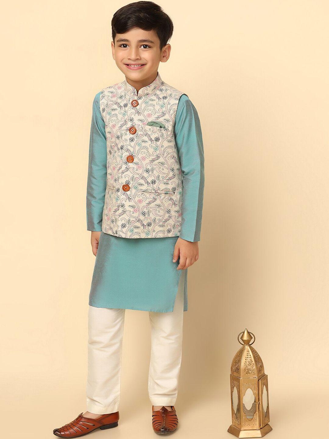 kisah boys mandarin collar pure cotton straight kurta with pyjamas & nehru jacket
