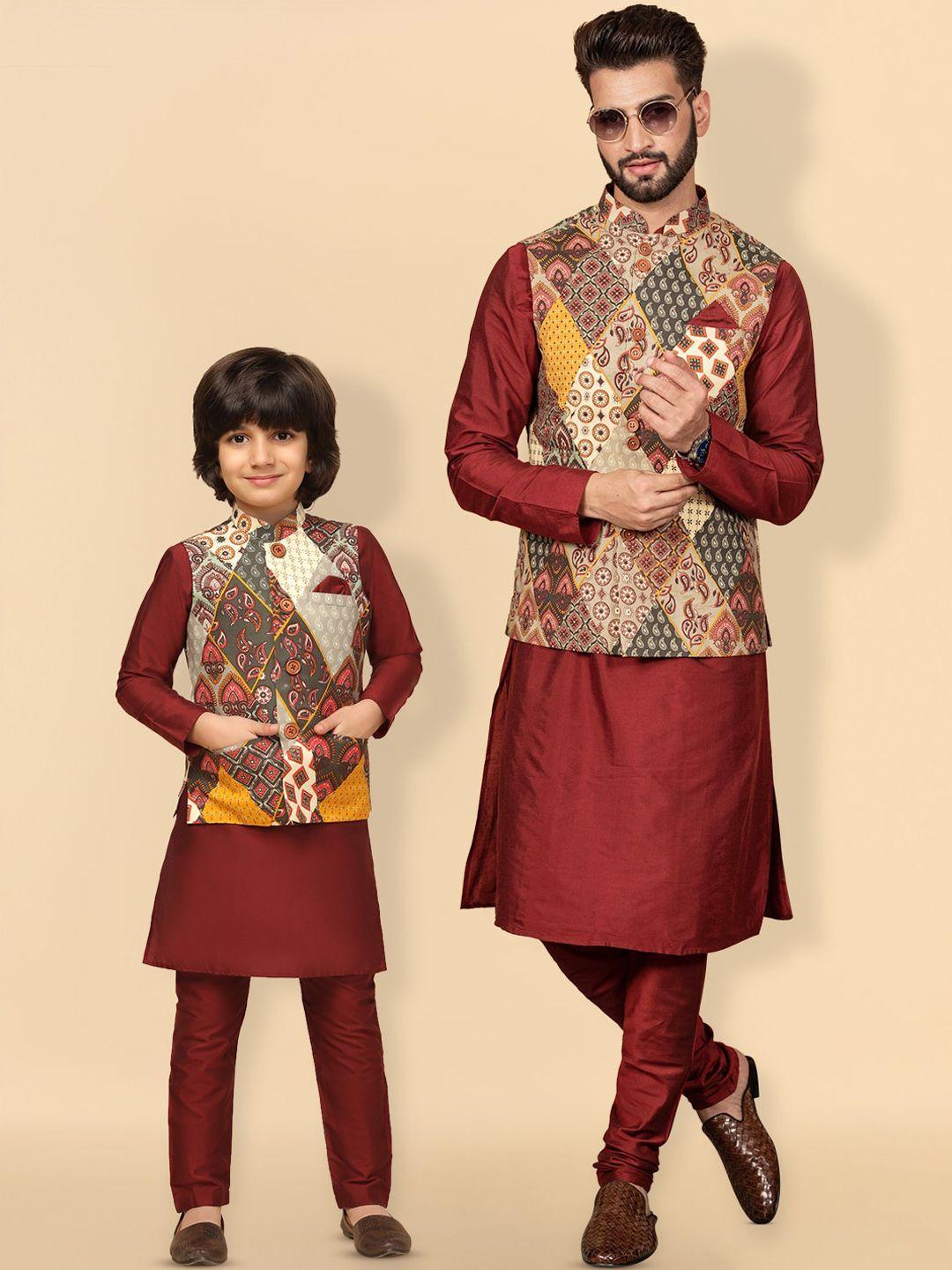 kisah boys mandarin collar straight kurta & trousers with printed nehru jacket