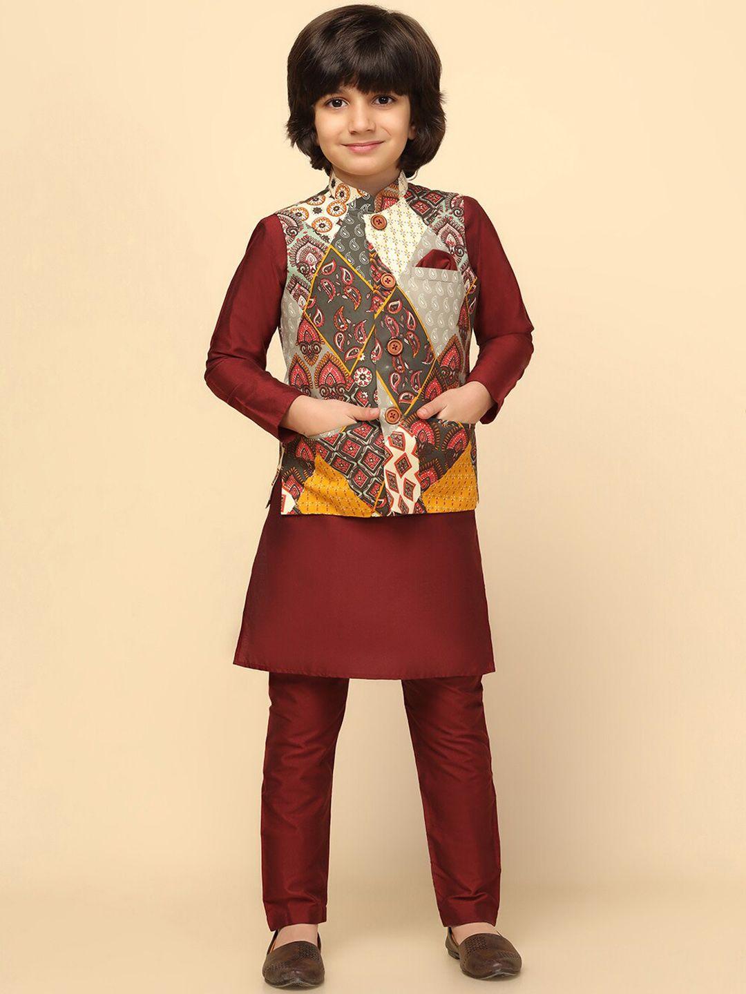 kisah boys mandarin collar thread work kurta with pyjamas & printed nehru jacket