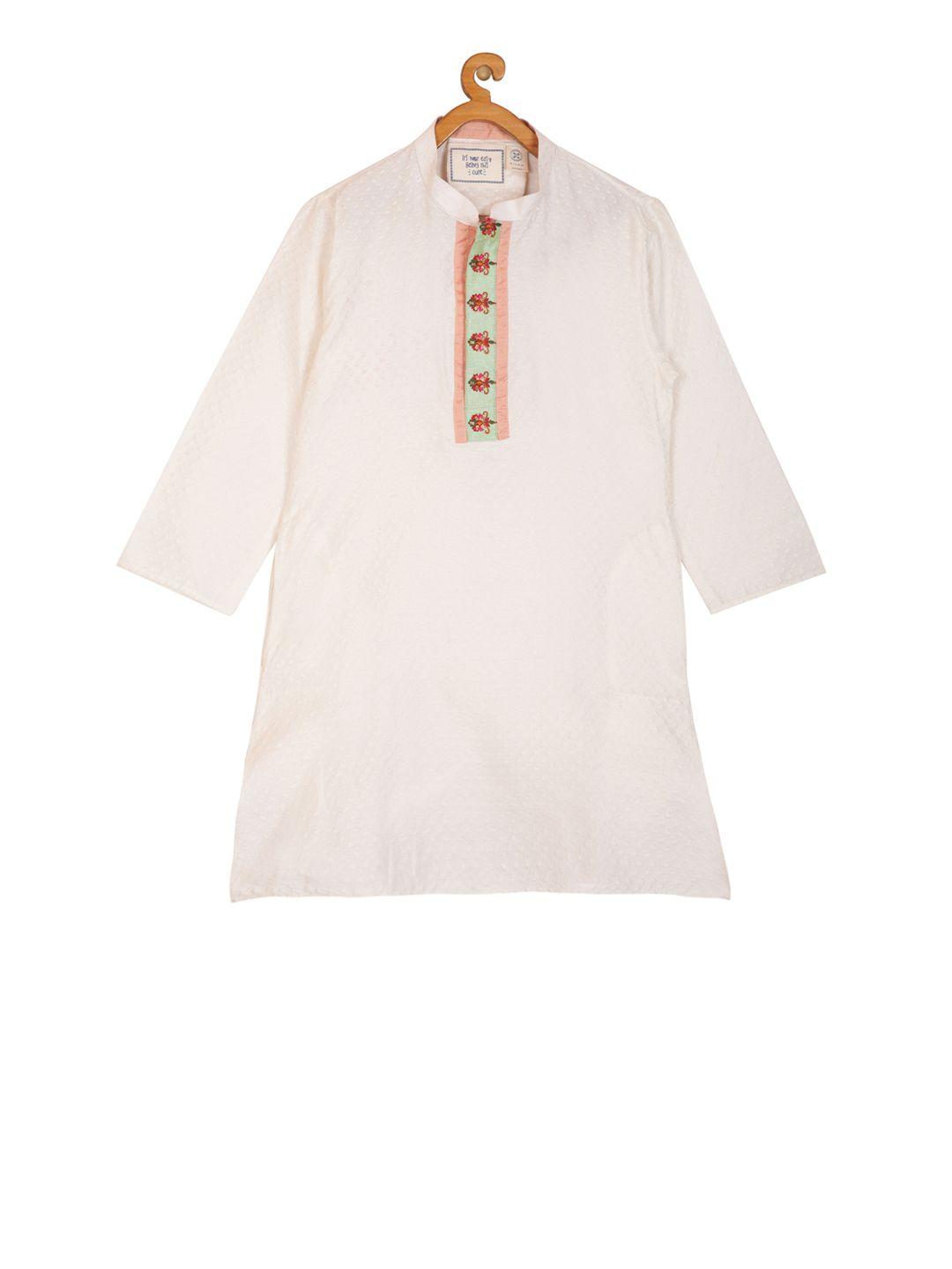 kisah boys off-white & peach-coloured embroidered straight kurta