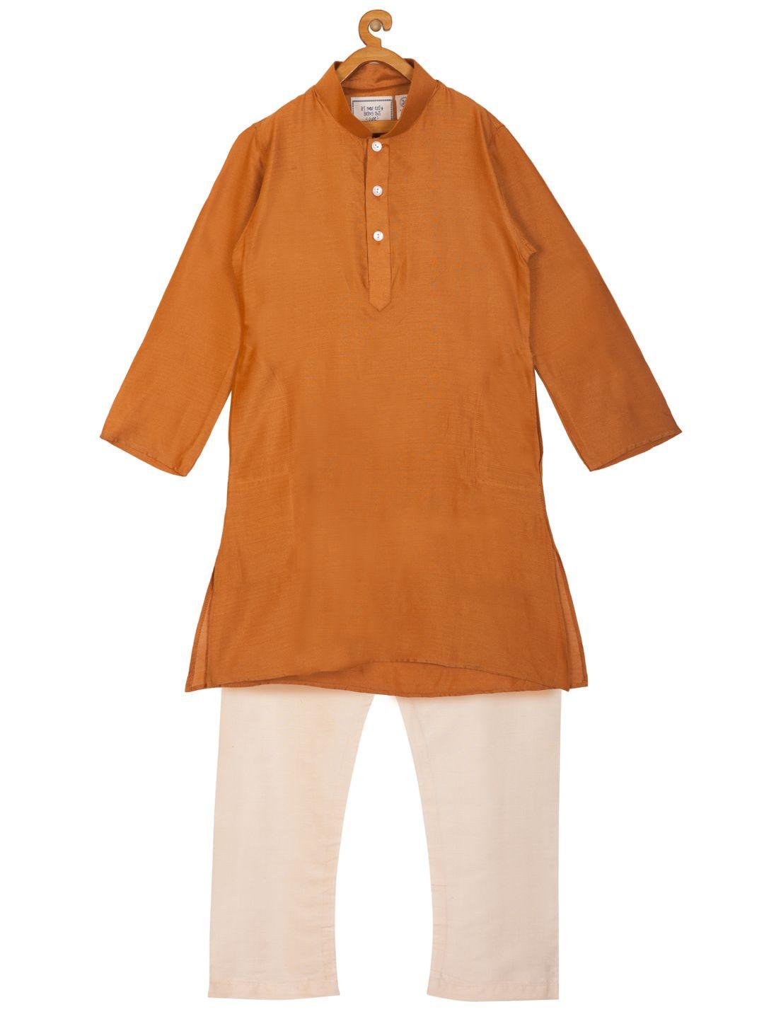 kisah boys rust orange & cream-coloured solid kurta with pyjamas