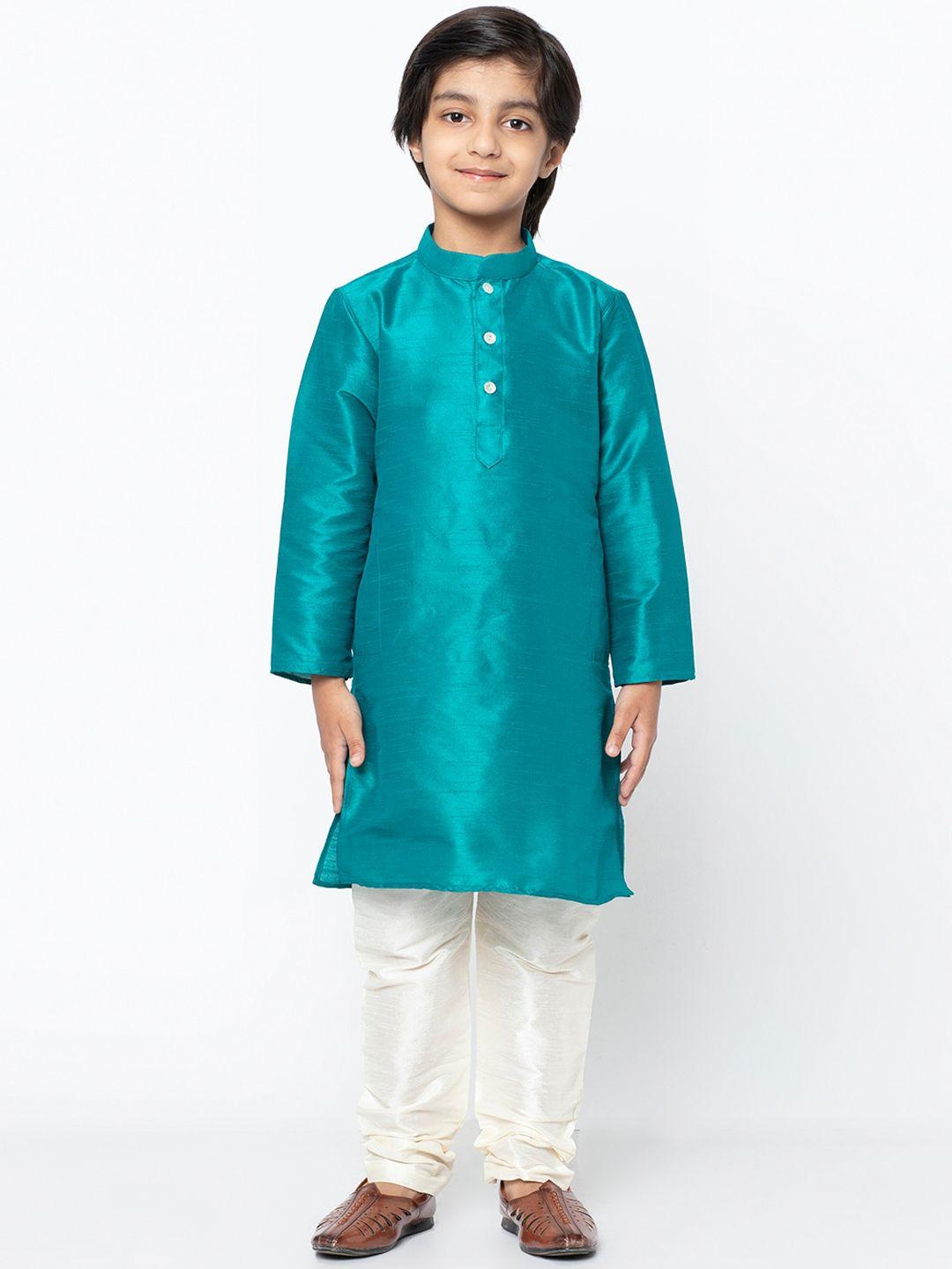kisah boys teal & off-white solid kurta with pyjamas