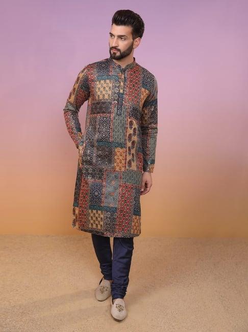 kisah brown & blue regular fit printed kurta bottom set