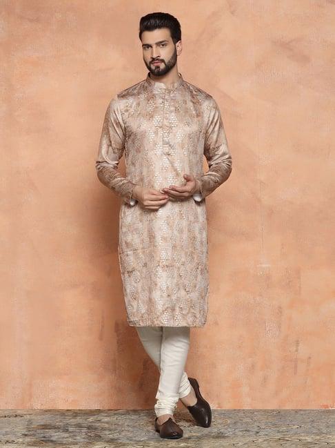 kisah brown & cream regular fit embroidered kurta & churidars set