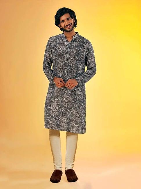 kisah charcoal & beige regular fit printed kurta & churidar set