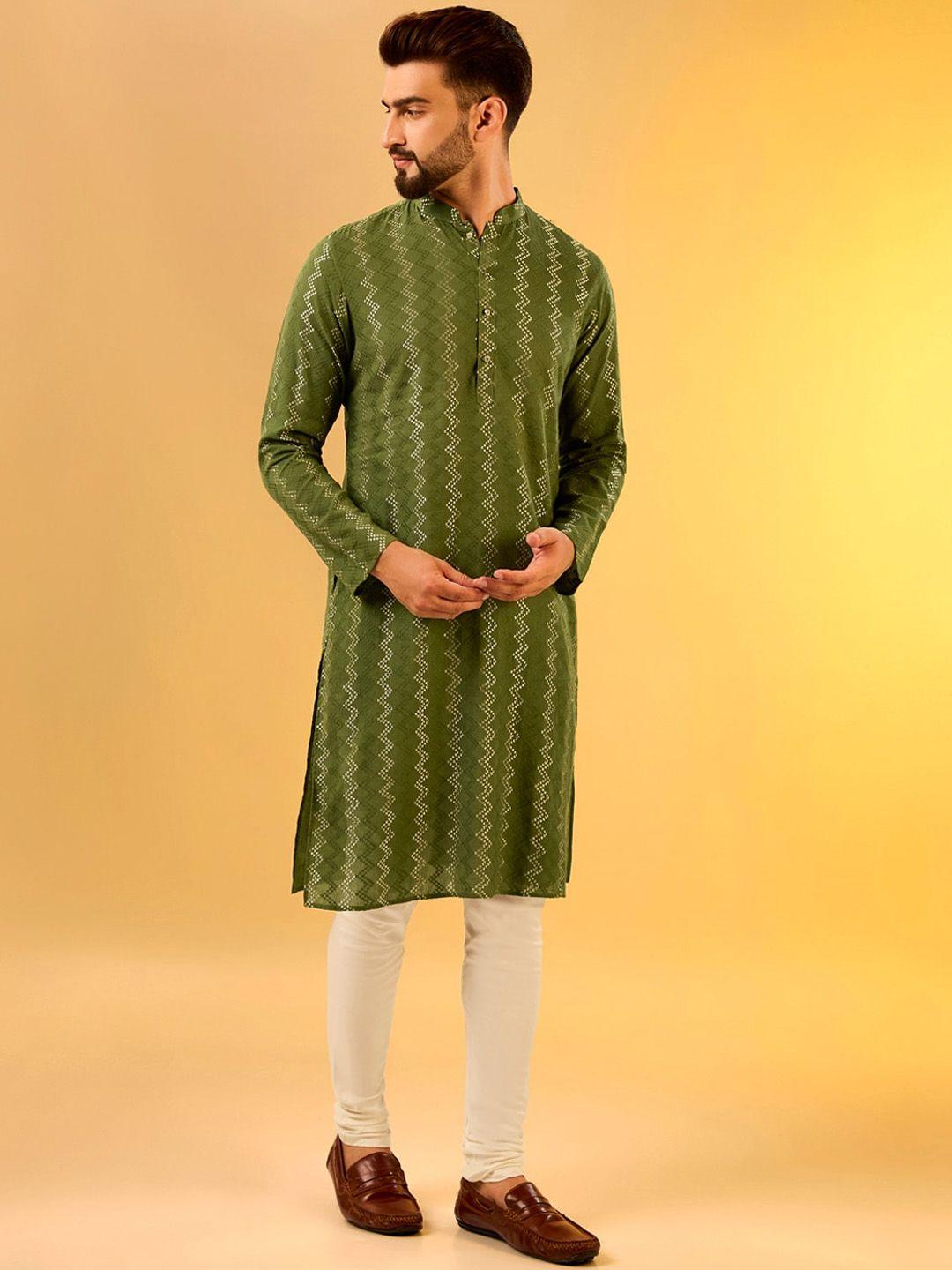 kisah chevron woven design mandarin collar regular kurta with churidar