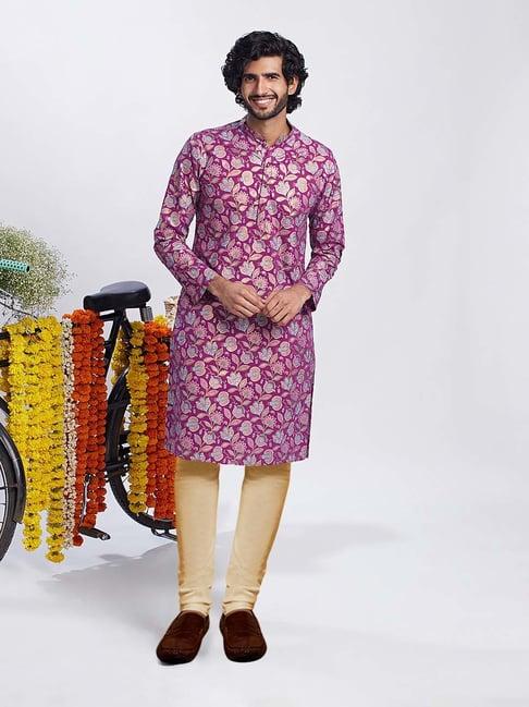 kisah dark pink & beige regular fit floral print kurta & churidar set