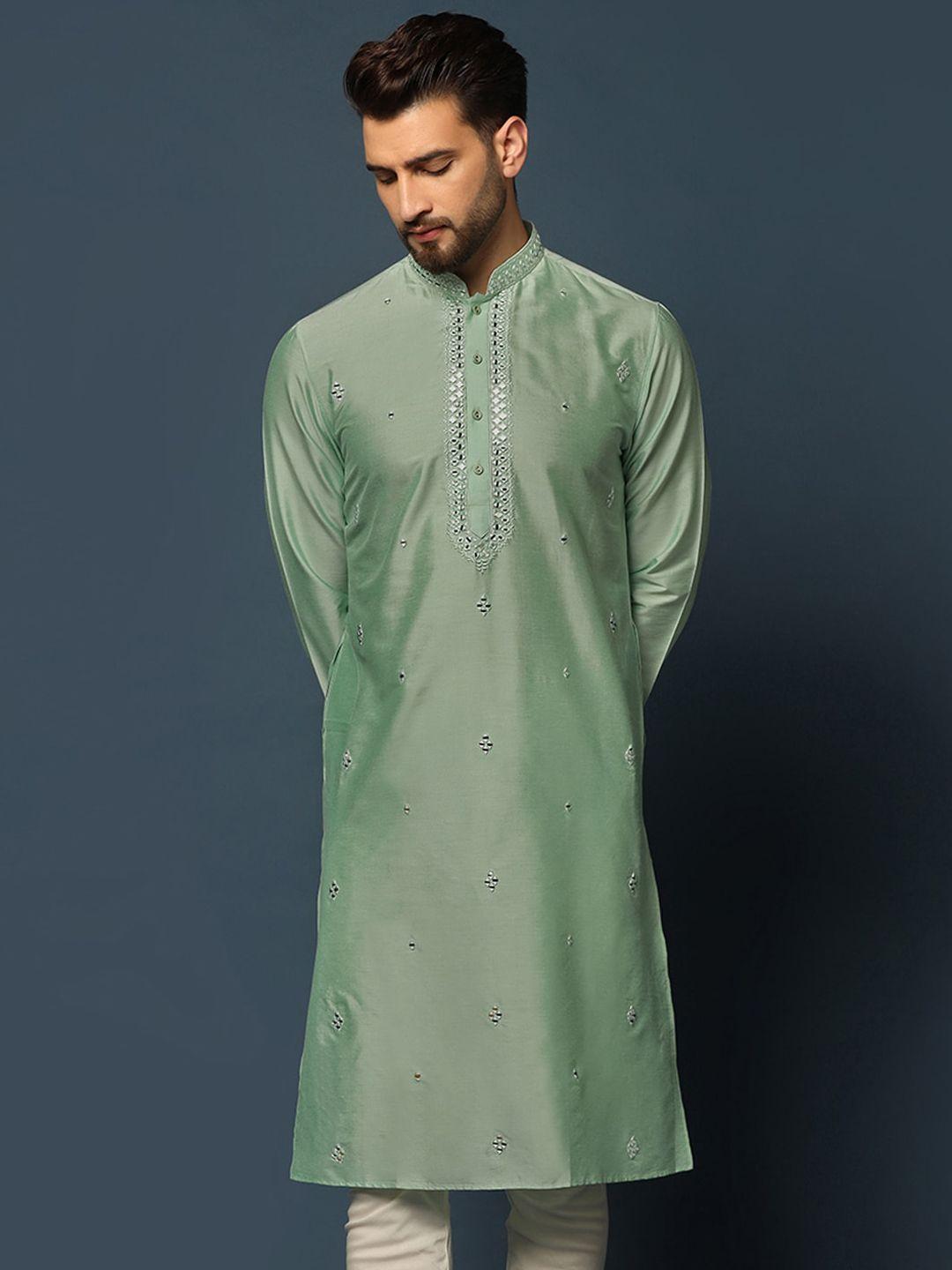 kisah embroidered mandarin collar mirror work kurta