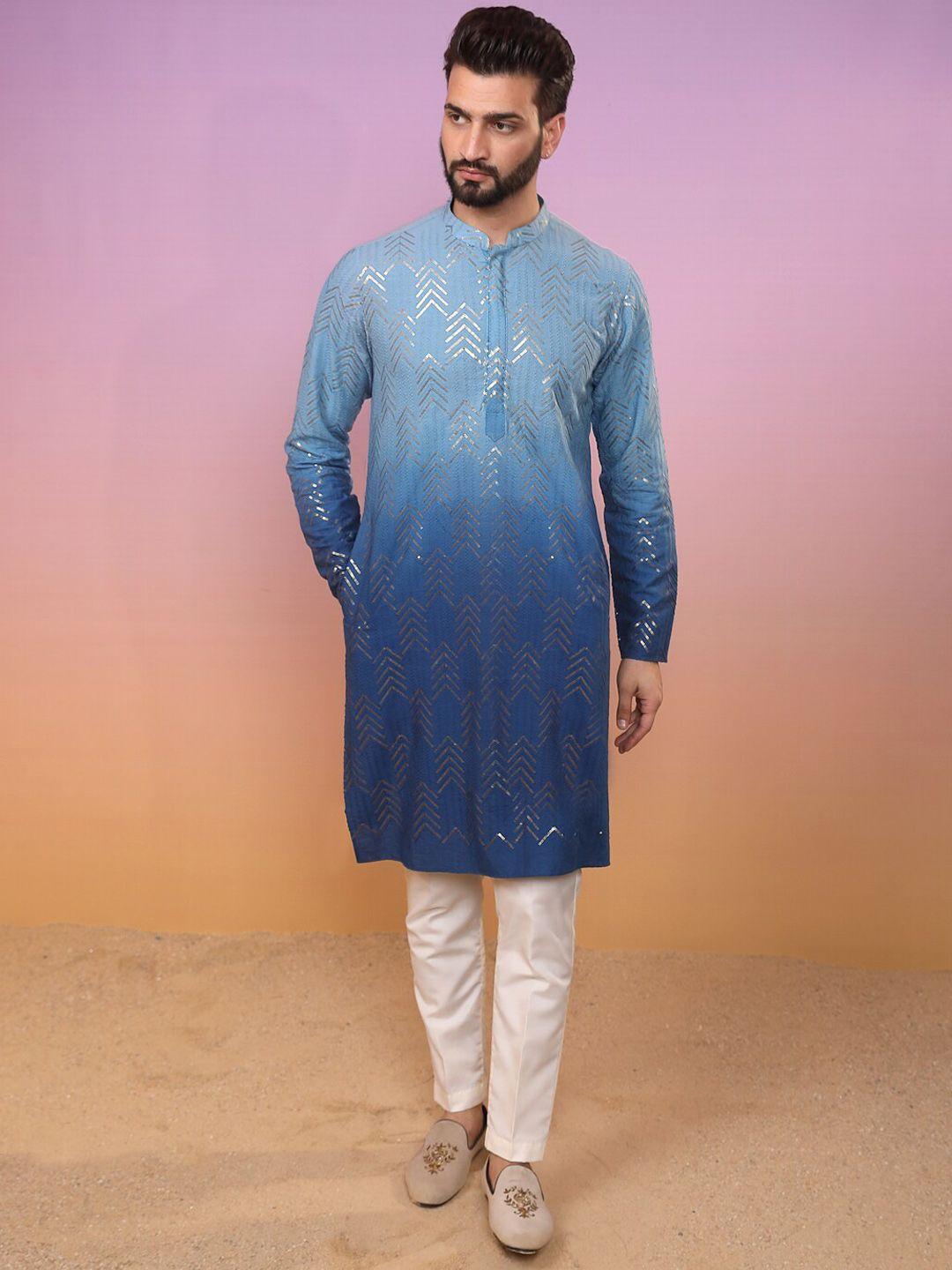 kisah embroidered mandarin collar sequinned pure cotton kurta with trousers