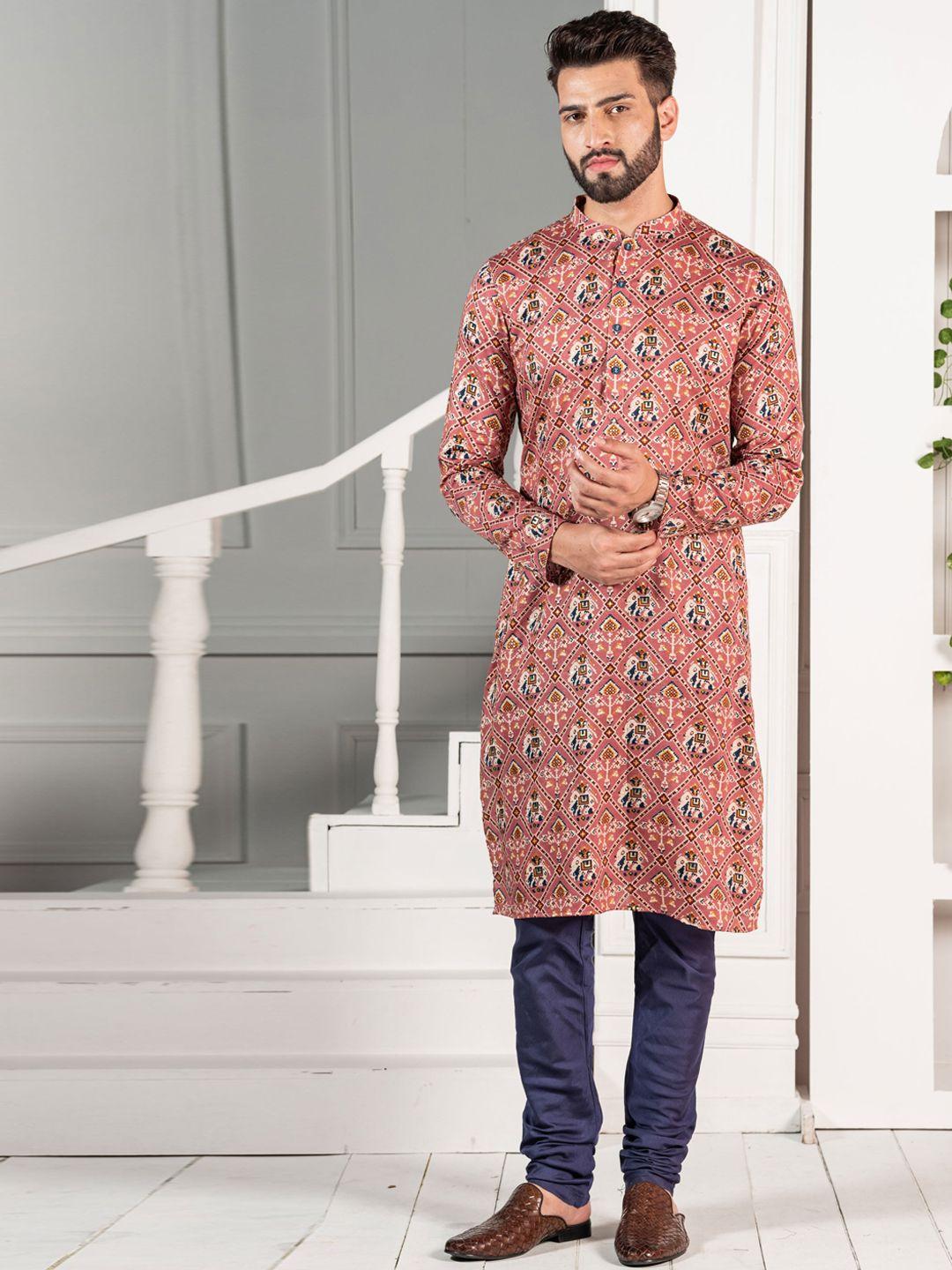 kisah ethnic motif printed mandarin collar kurta with churidar