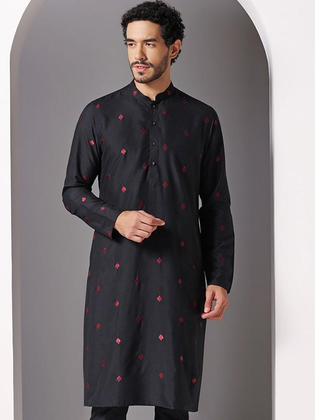 kisah ethnic motifs embroidered thread work mandarin collar straight kurta