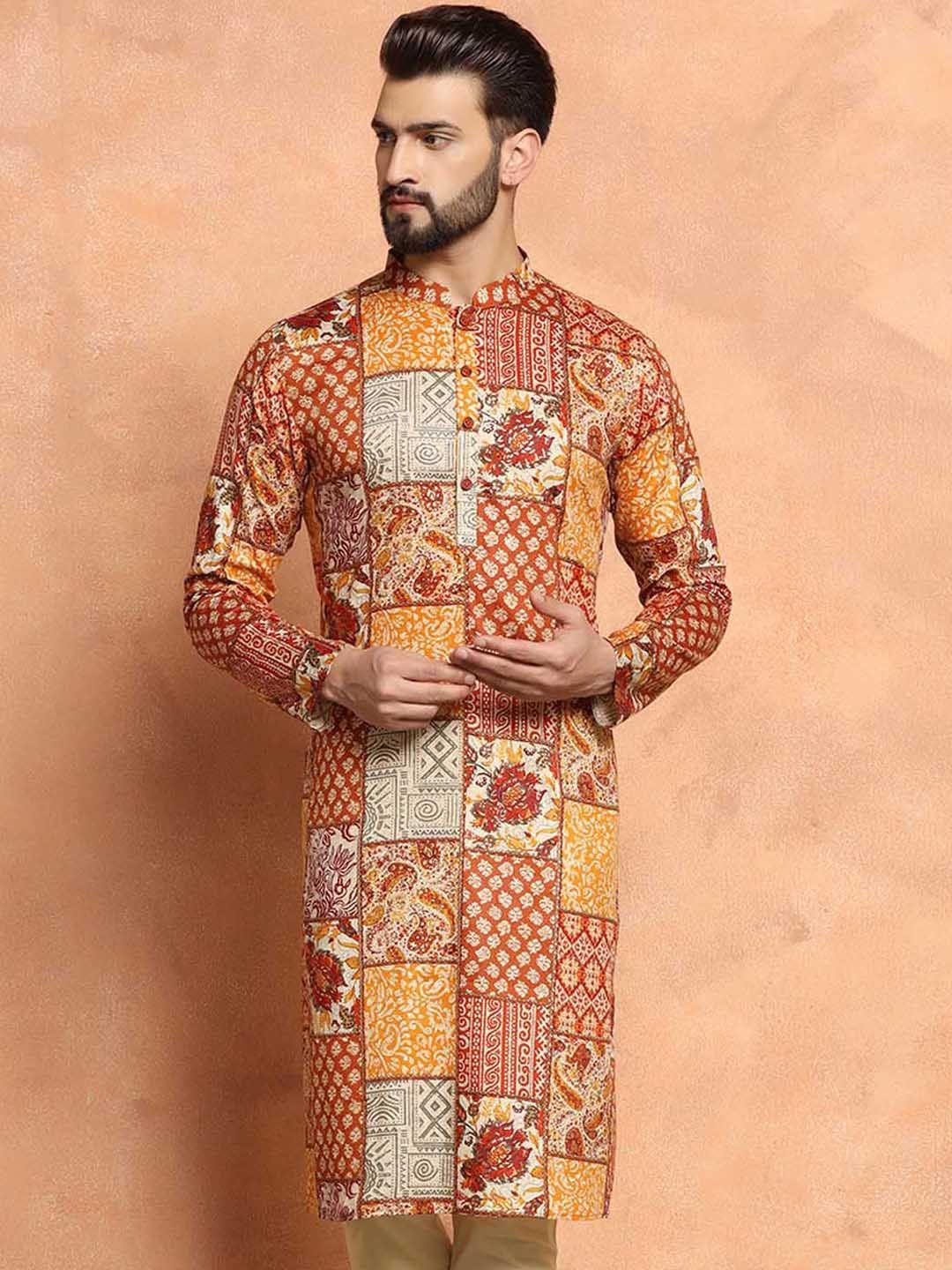 kisah ethnic motifs printed mandarin collar cotton kurta