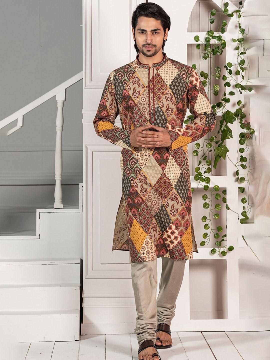 kisah ethnic motifs printed mandarin collar kurta with churidar