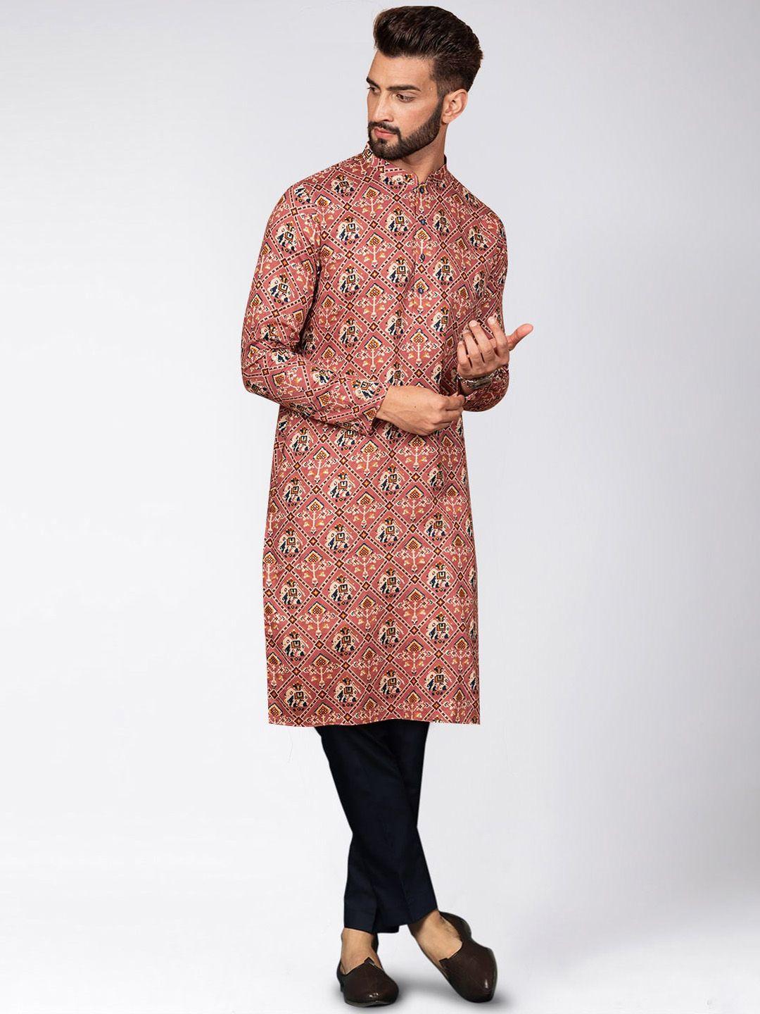kisah ethnic motifs printed mandarin collar straight kurta with trousers