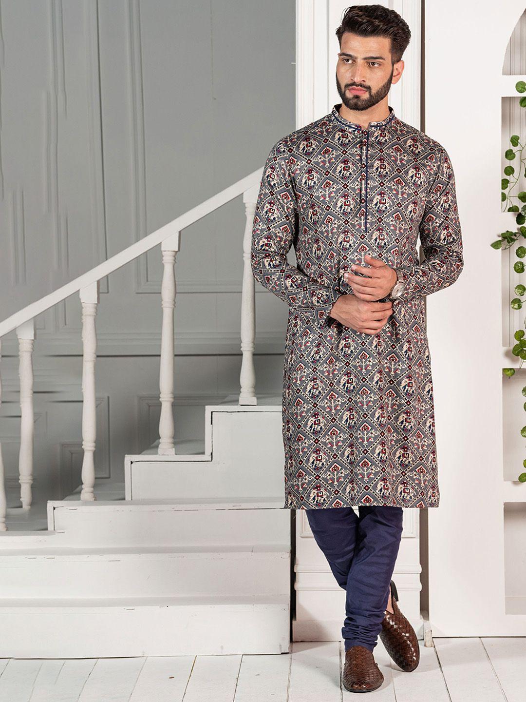 kisah ethnic motifs printed mandarin collar thread work kurta