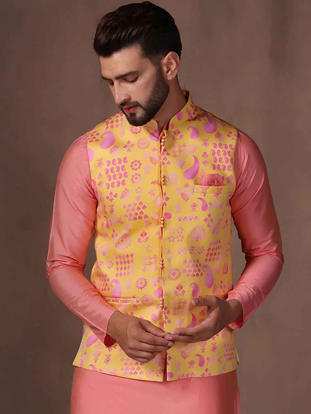kisah ethnic motifs printed nehru jacket with pocket square