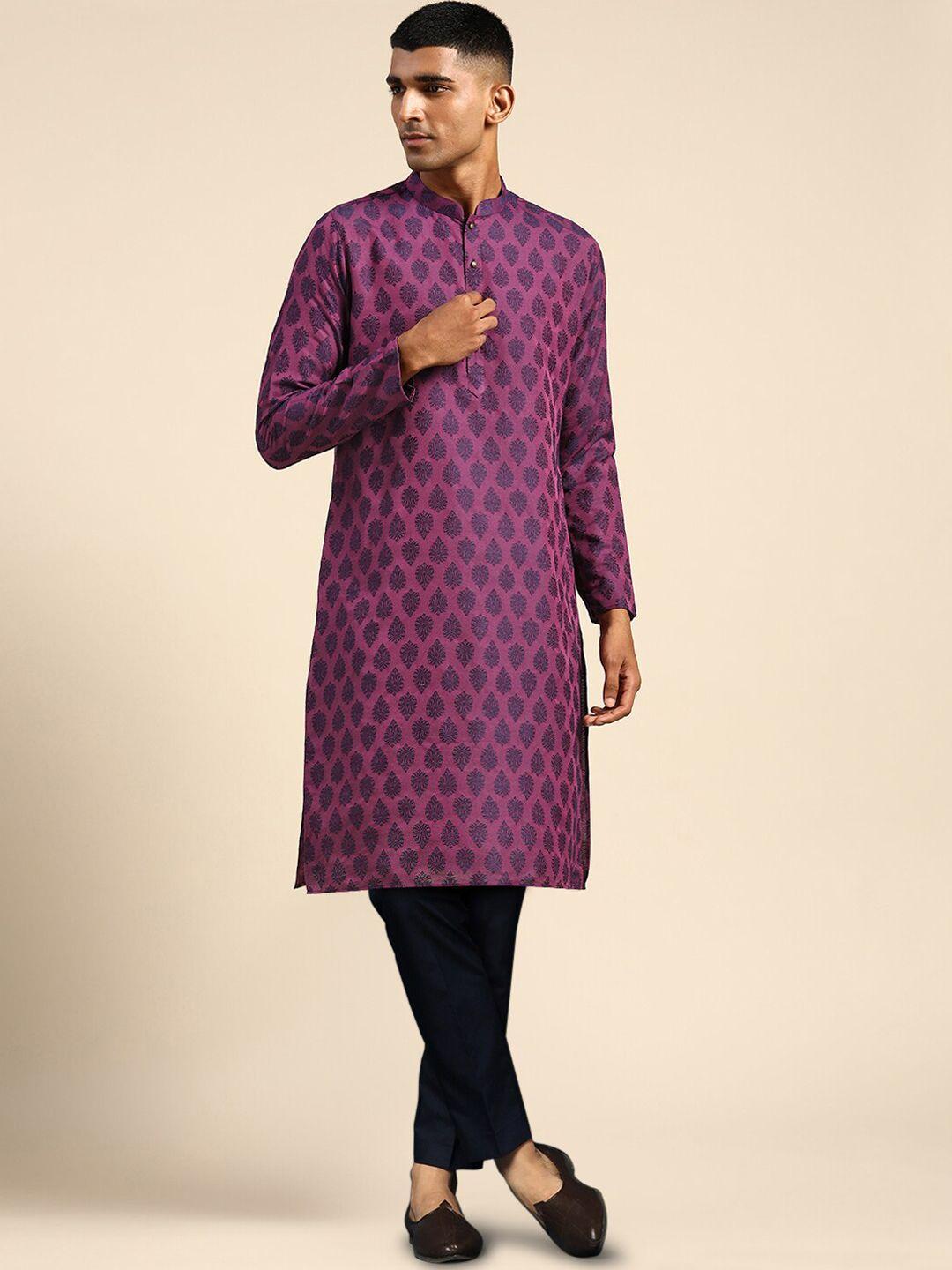kisah ethnic motifs woven design mandarin collar straight kurta with trousers