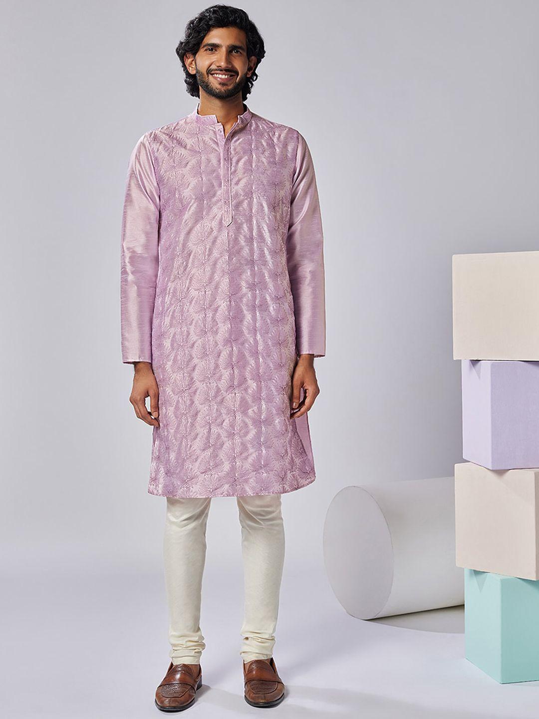 kisah floral embroidered mandarin collar thread work regular kurta with churidar