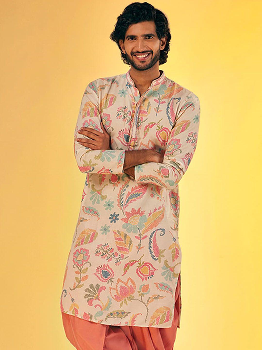 kisah floral printed mandarin collar cotton kurta