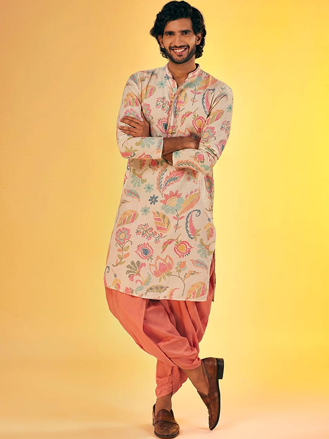 kisah floral printed mandarin collar kurta with dhoti pants