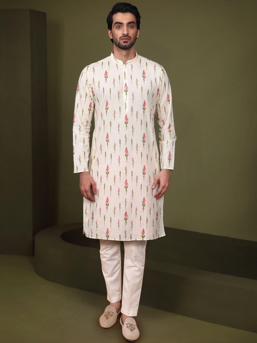 kisah floral printed mandarin collar pure cotton kurta with trousers